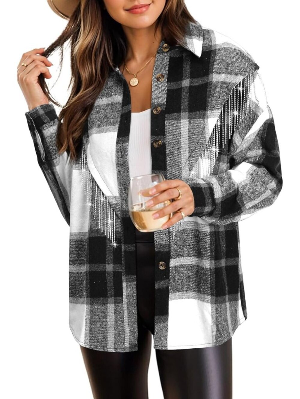 Women's Plaid Corduroy Nashville Sparkly Rhinestone Fringe Long Sleeves Jacket